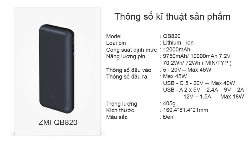 Pin Sạc Dự Phòng ZMI 20000 mAh QB820 (Laptop) 10-2
