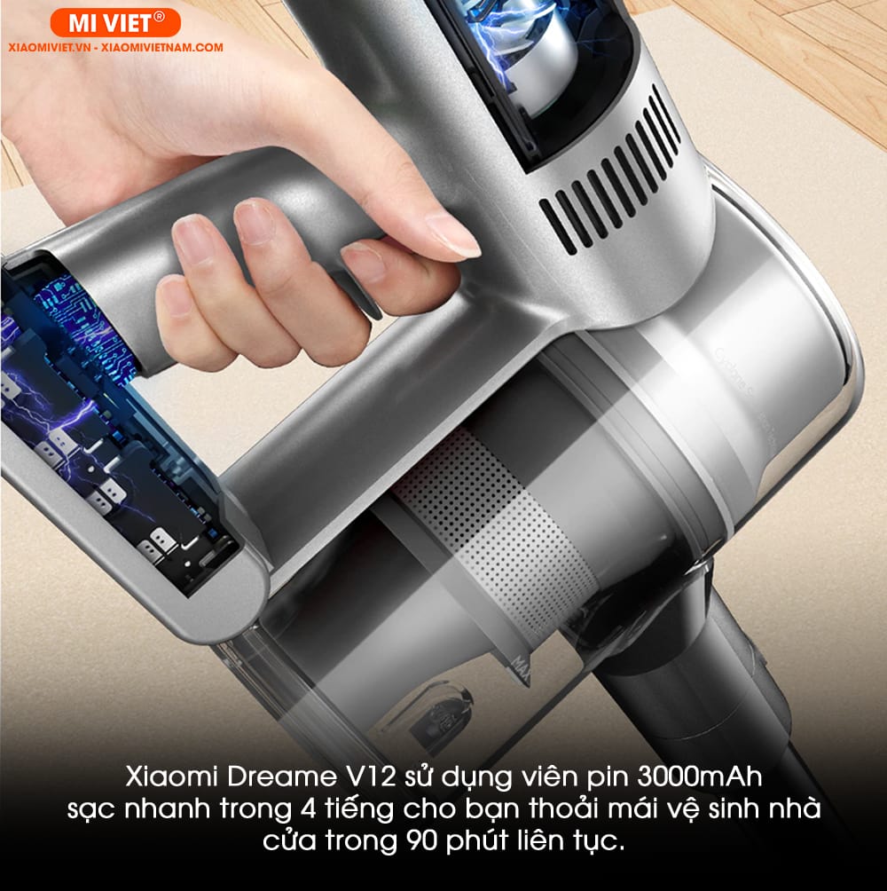 Máy hút bụi cầm tay Xiaomi Dreame V12 Dung lượng pin 3000mAh sử dụng tối đa 90 phút