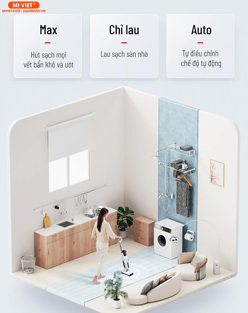 Máy hút bụi lau nhà ướt và khô Roborock Dyad 2 trong 1 với 3 chế độ tùy chỉnh