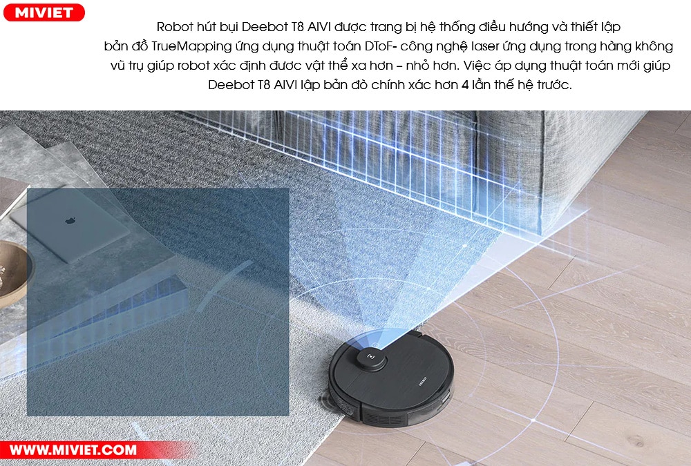 Robot hút bụi lau nhà Ecovacs Deebot OZMO T8 AIVI - Quốc Tế 2022 Công nghệ TrueMapping™ lập bản đồ chính xác hơn 4 lần
