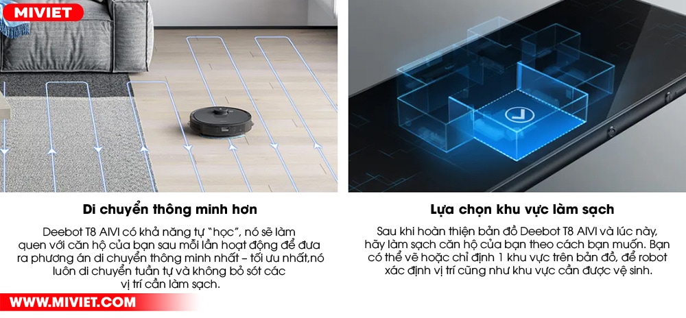 Robot hút bụi lau nhà Ecovacs Deebot OZMO T8 AIVI - Quốc Tế 2022 Di chuyển thông minh, lựa chọn khu vực làm sạch