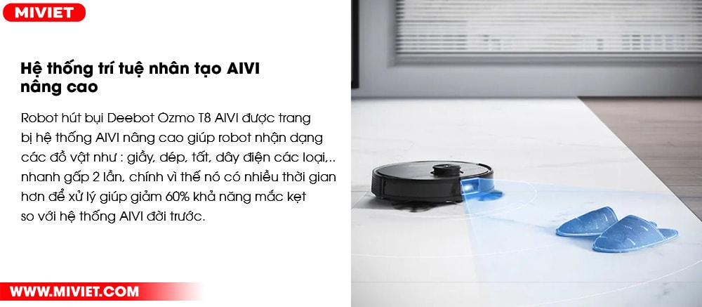 Robot hút bụi lau nhà Ecovacs Deebot OZMO T8 AIVI - Quốc Tế 2022 Hệ thống trí tuệ nhân tạo AIVI nâng cao