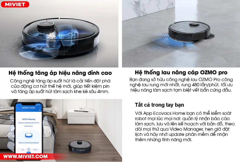 Robot hút bụi lau nhà Ecovacs Deebot OZMO T8 AIVI - Quốc Tế 2022 Hiệu năng đỉnh cao, giám sát dễ dàng