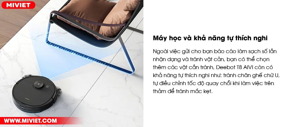 Robot hút bụi lau nhà Ecovacs Deebot OZMO T8 AIVI - Quốc Tế 2022 Máy học và khả năng tự thích nghi