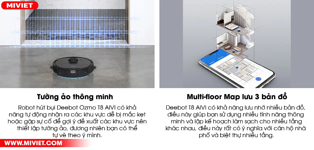 Robot hút bụi lau nhà Ecovacs Deebot OZMO T8 AIVI - Quốc Tế 2022 Tạo tường ảo, lưu trữ 3 tầng bản đồ