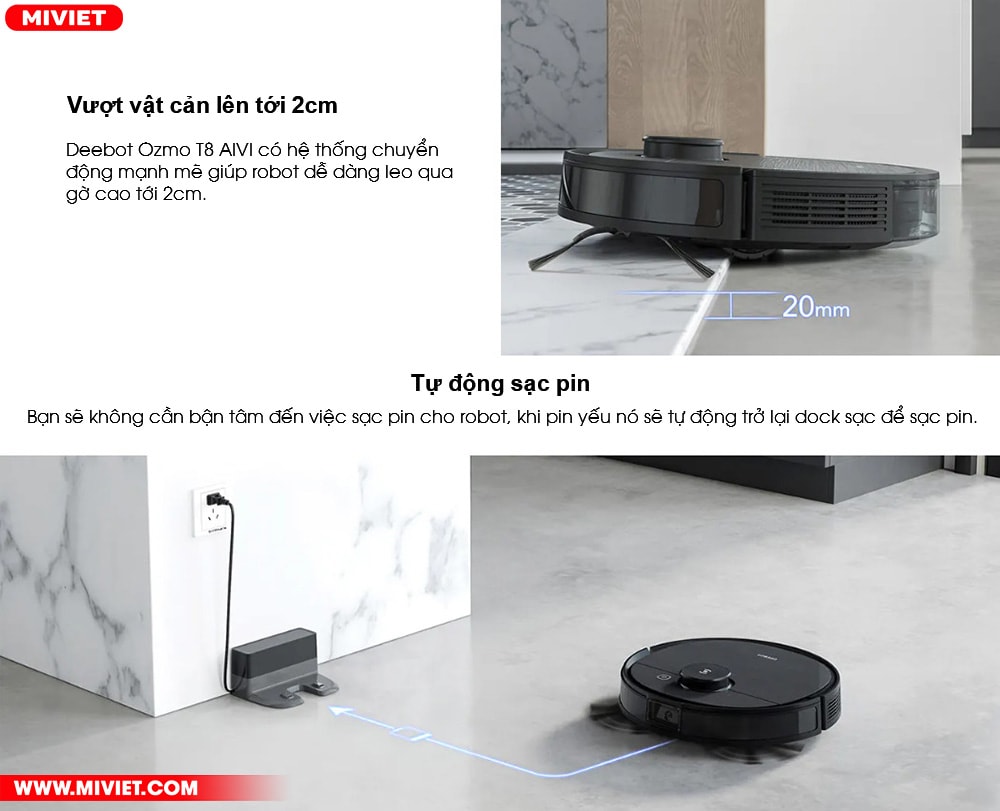 Robot hút bụi lau nhà Ecovacs Deebot OZMO T8 AIVI - Quốc Tế 2022 Tự động trở về sạc pin