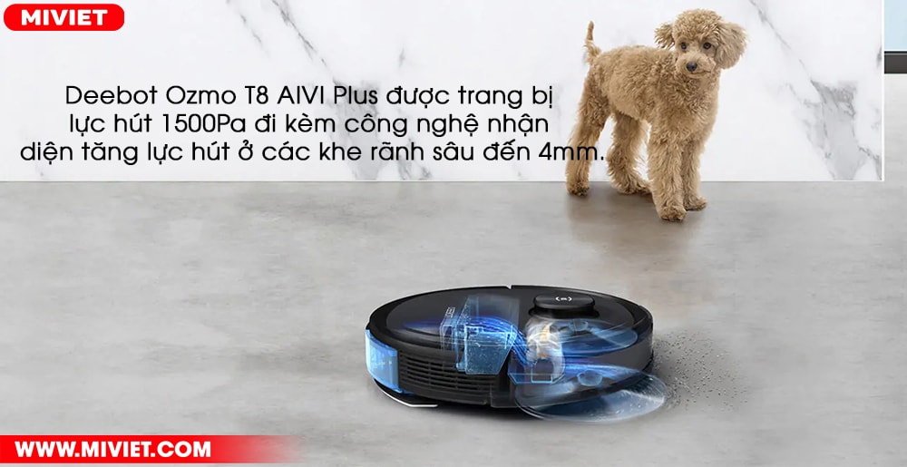 Robot hút bụi lau nhà Ecovacs Deebot Ozmo T8 AIVI Plus Lực hút 1500Pa, công nghệ tăng áp thông minh