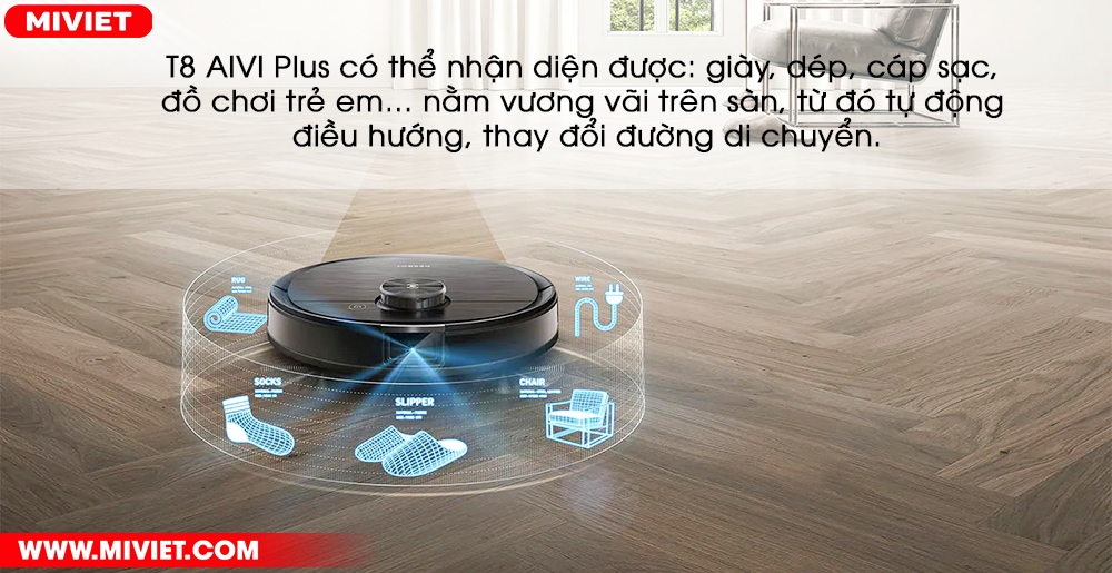 Robot hút bụi lau nhà Ecovacs Deebot Ozmo T8 AIVI Plus Thế hệ mới cho phép nhận diện nhiều vật cản hơn