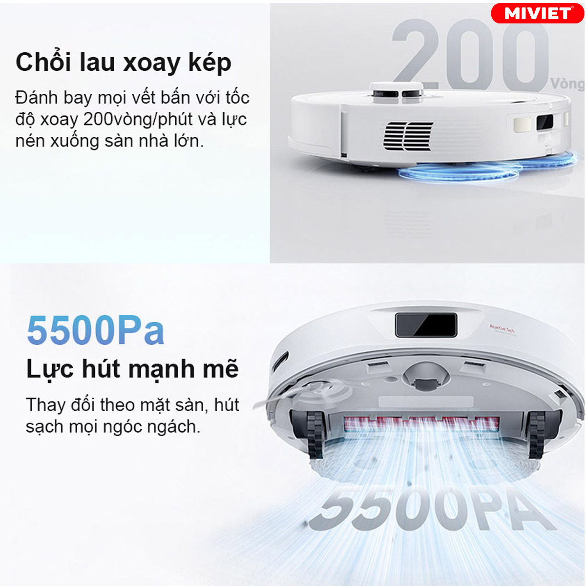 Lực hút mạnh mẽ, đặt tới 5500Pa
