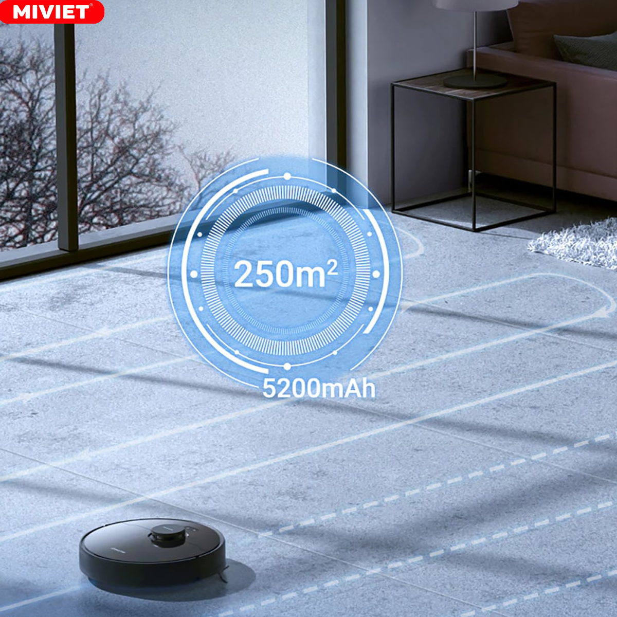 Viên pin 5200mAh giúp robot hoạt động được 150 phút và diện tích 250m2