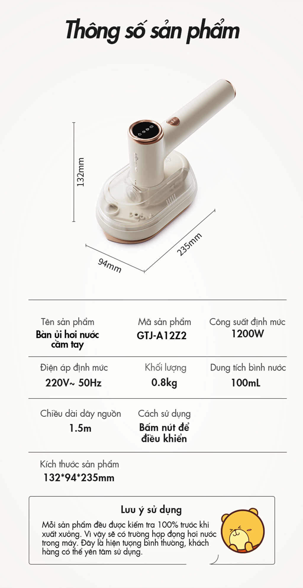 Bàn ủi hơi nước cầm tay đa năng Bear GTJ-A12Z2 - Hàng chính hãng - Tiếng Anh/Việt - BH 18 tháng - Full VAT