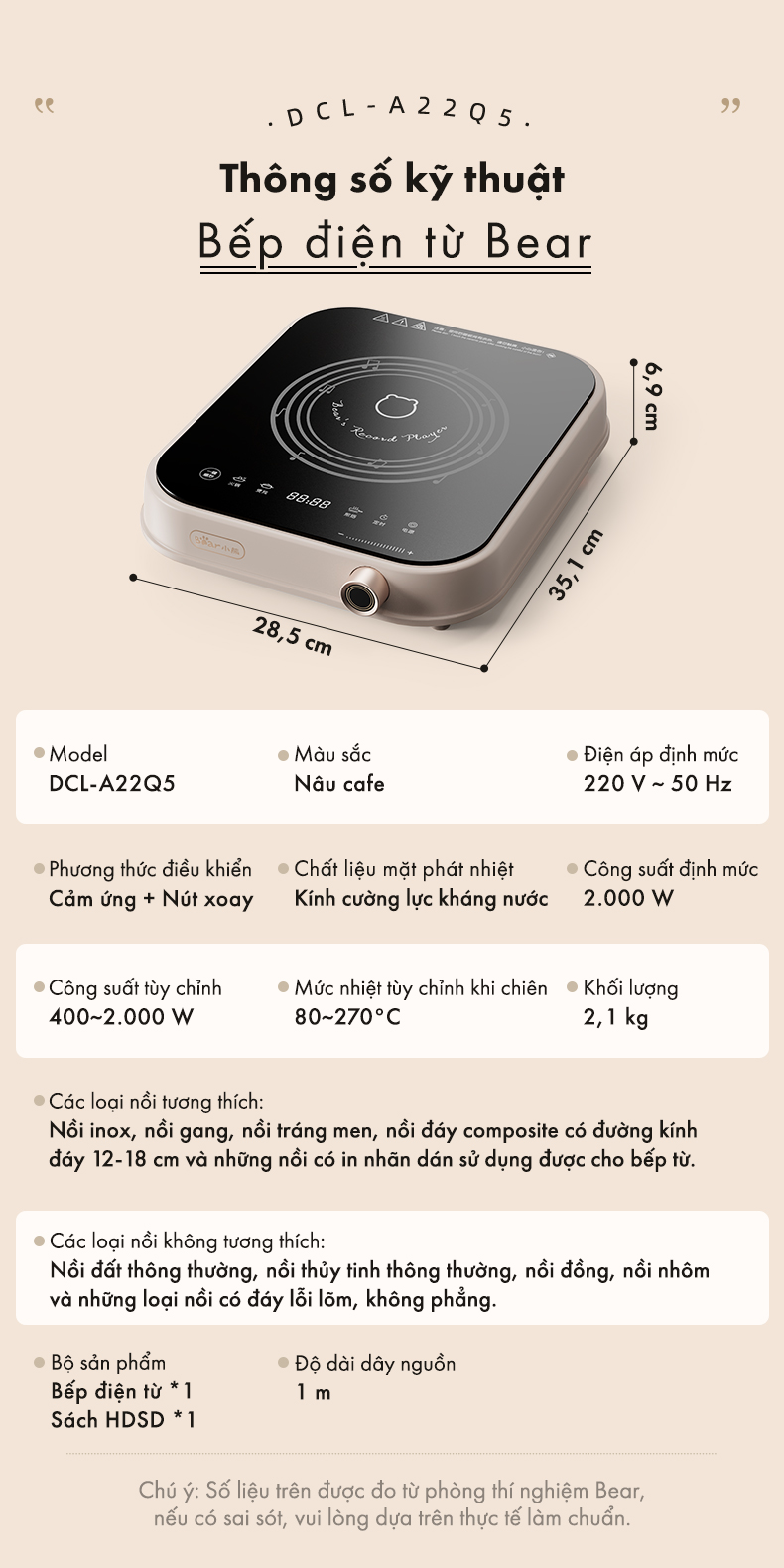 Bếp điện từ Bear (Bếp đơn) DCL-A22Q5 - Hàng chính hãng - Tiếng Anh/Việt - BH 18 Tháng - Full VAT