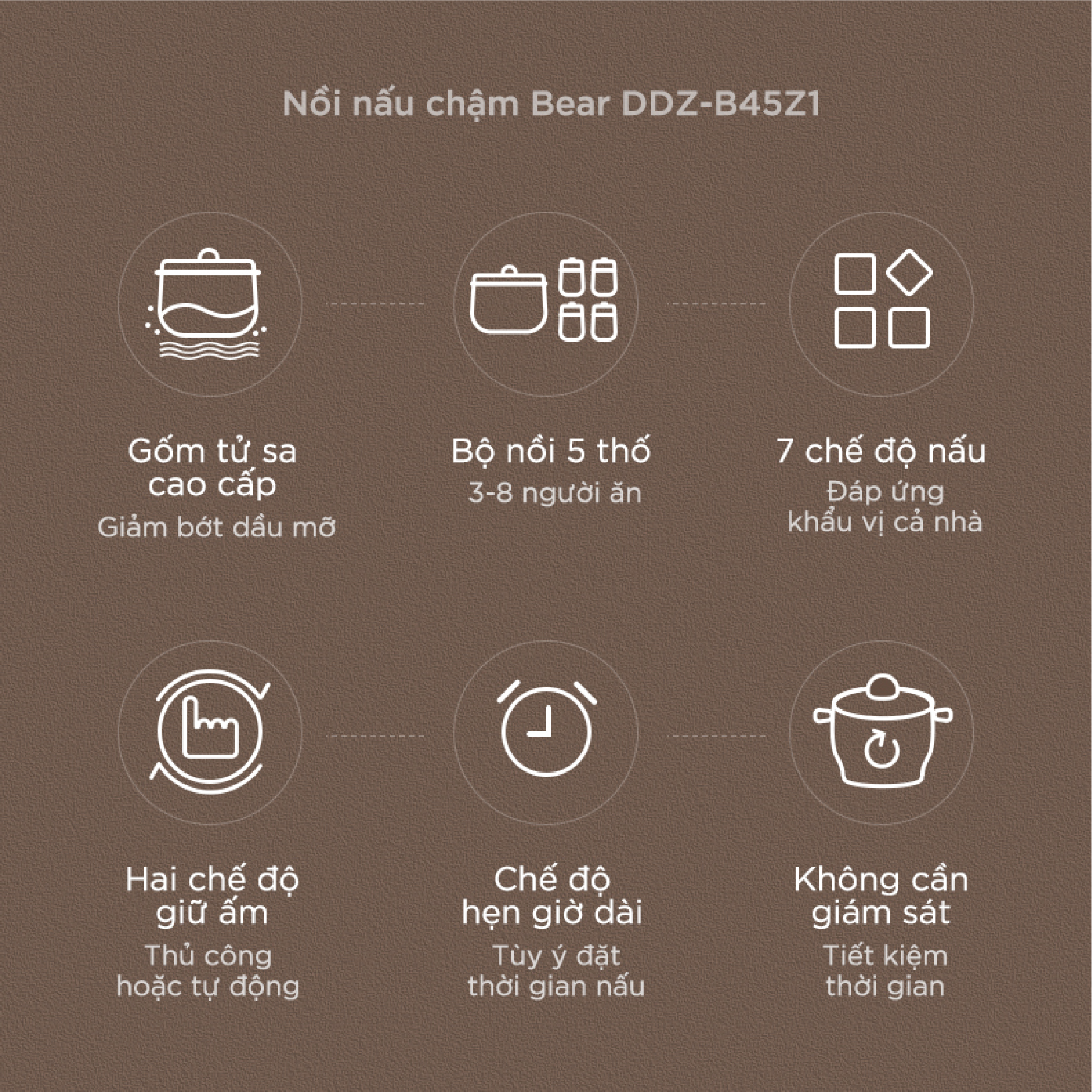 Nồi nấu chậm Bear DDZ-B45Z1 - Dung tích 4.5L - Hàng chính hãng - Tiếng Anh/Việt - BH 18 tháng - Full VAT