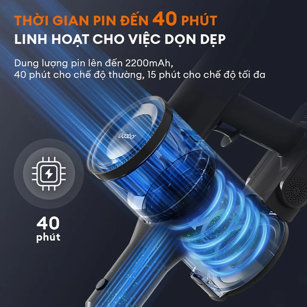 Máy hút bụi không dây Gaabor VCL10E-BK01A Máy hút bụi không dây Gaabor VCL10E-BK01A thời gian pin 40 phút