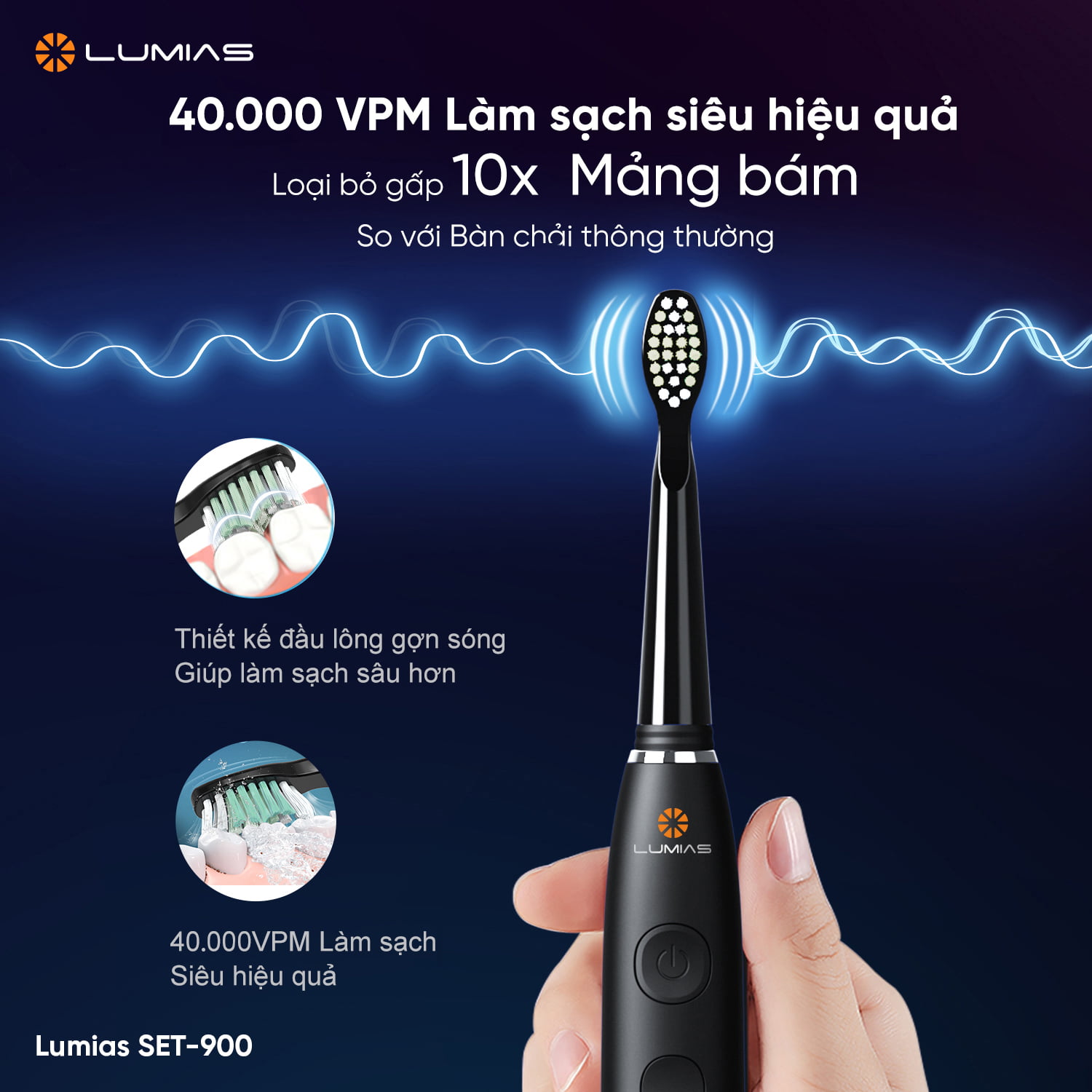 Bàn chải điện Lumias SET-900W/SET-900B/SET-900P – Chính hãng 40.000 CPM làm sạch hiệu quả