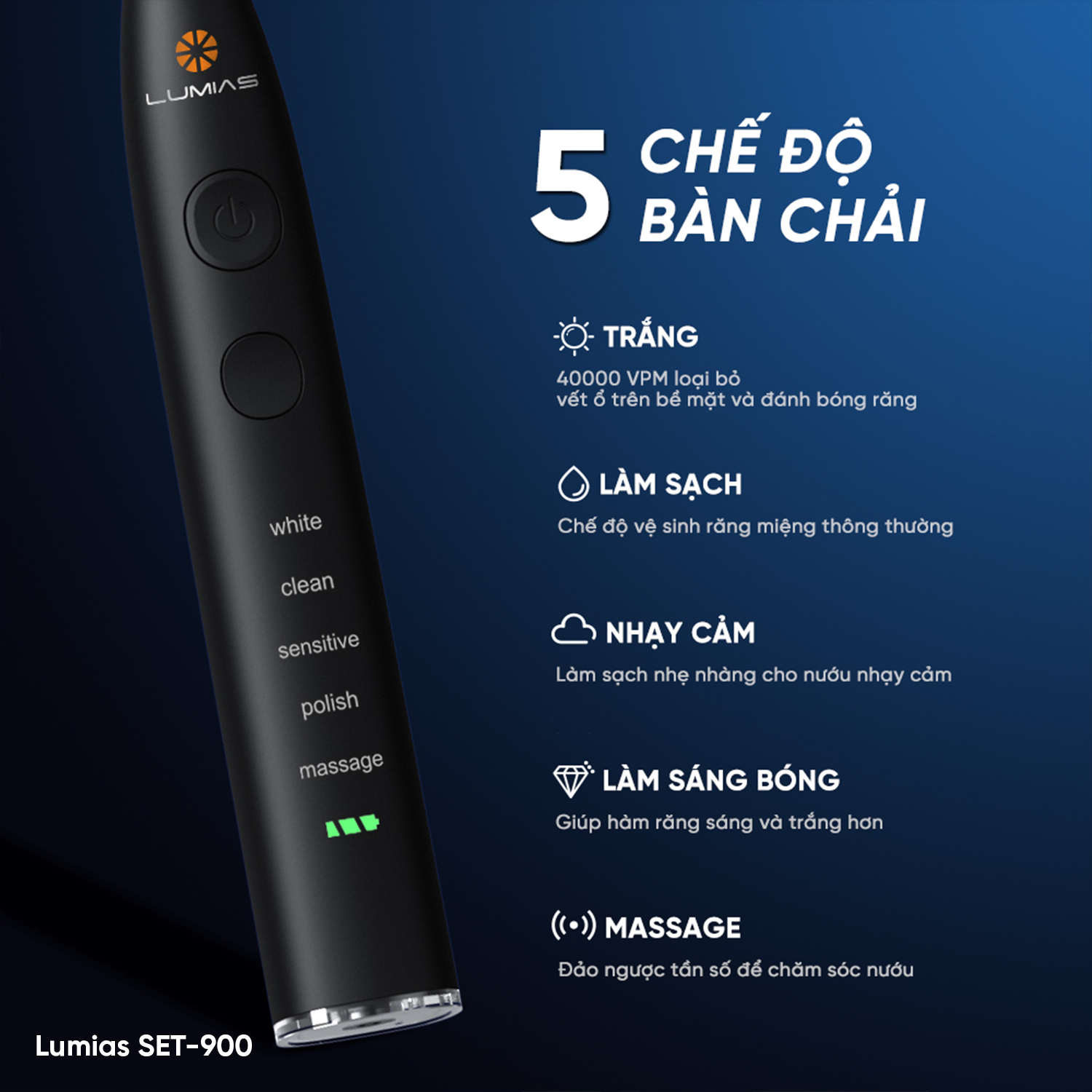 Bàn chải điện Lumias SET-900W/SET-900B/SET-900P – Chính hãng 5 chế độ bàn chải