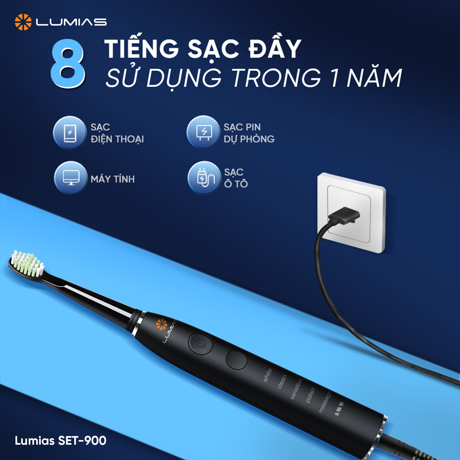 Bàn chải điện Lumias SET-900W/SET-900B/SET-900P – Chính hãng Bàn chải điện lumias sạc đầy trong 8 tiếng