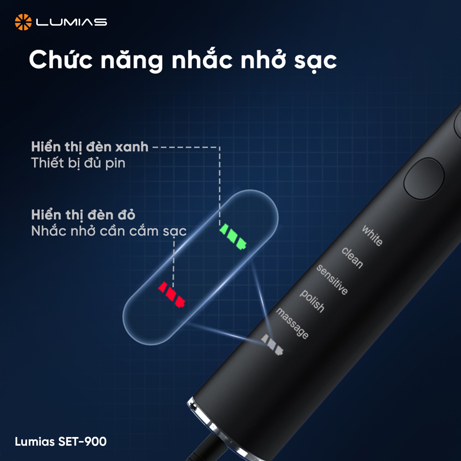 Bàn chải điện Lumias SET-900W/SET-900B/SET-900P – Chính hãng Chức năng nhắc nhở sạc