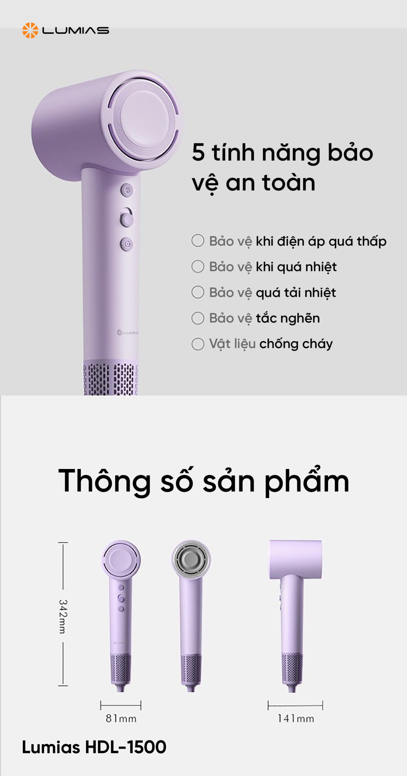 Máy sấy tóc LUMIAS HDL-1500 - hồng/tím - chính hãng 5 tính năng bảo vệ an toàn