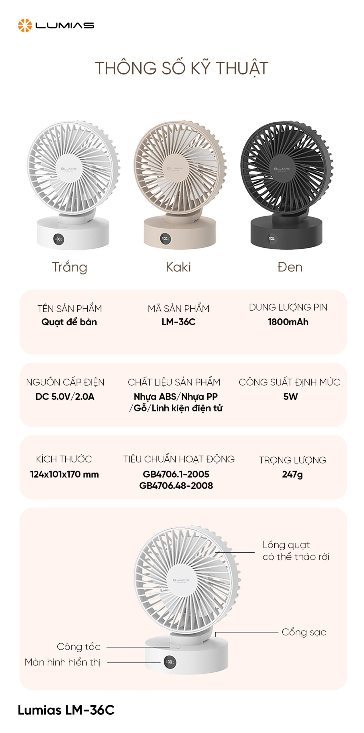 Quạt để bàn LUMIAS LM-36C - Trắng - Chính hãng Thông số kỹ thuật Quạt để bàn LUMIAS LM-36C