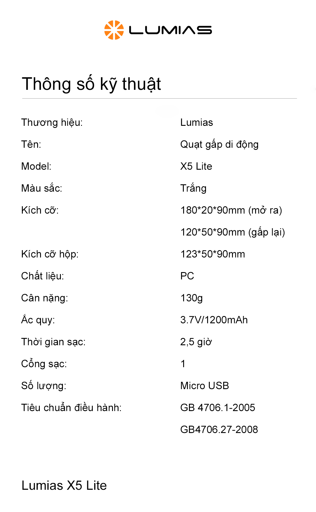 Quạt tích điện cầm tay LUMIAS X5 LITE - Chính hãng Thông số kỹ thuật