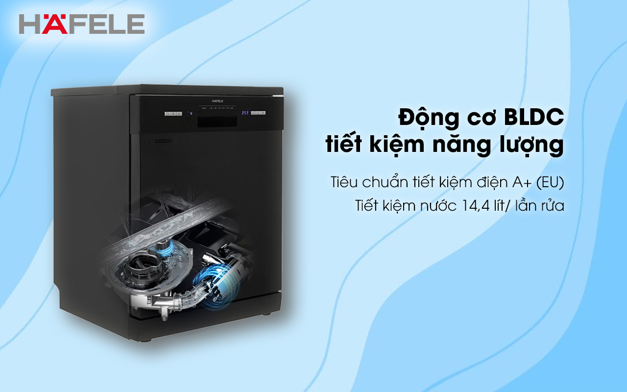 HAFELE HDW-F601B – 535.29.670 – Máy rửa chén độc lập (14 bộ bát đĩa) – Chính hãng – BH 24 tháng Máy rửa chén độc lập HAFELE HDW-F601B động cơ BLDC tiết kiệm năng lượng
