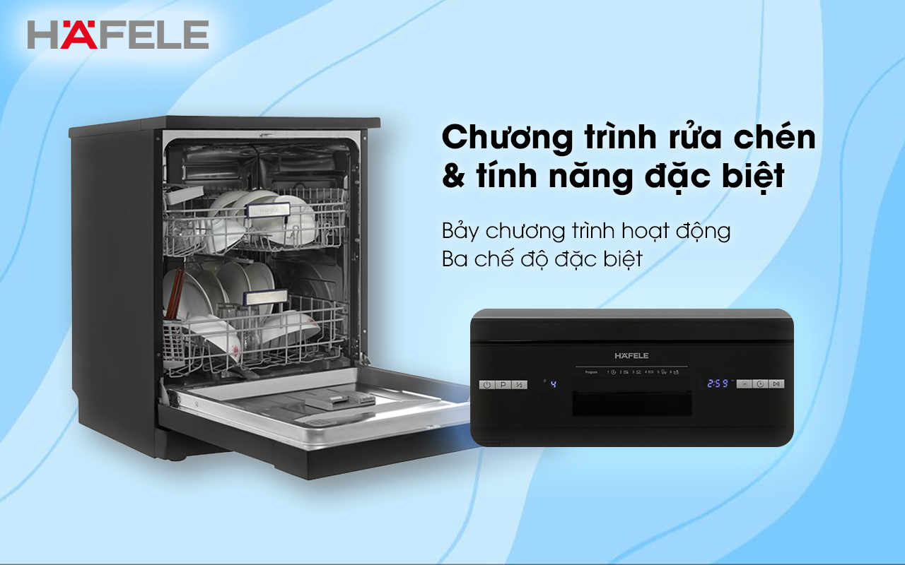 HAFELE HDW-F601B – 535.29.670 – Máy rửa chén độc lập (14 bộ bát đĩa) – Chính hãng – BH 24 tháng Máy rửa chén độc lập HAFELE HDW-F601B chương trình rửa chén và tính năng đặc biệt