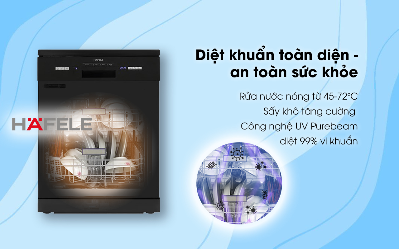 HAFELE HDW-F601B – 535.29.670 – Máy rửa chén độc lập (14 bộ bát đĩa) – Chính hãng – BH 24 tháng Máy rửa chén độc lập HAFELE HDW-F601B diệt khuẩn toàn diện - an toàn cho sức khỏe