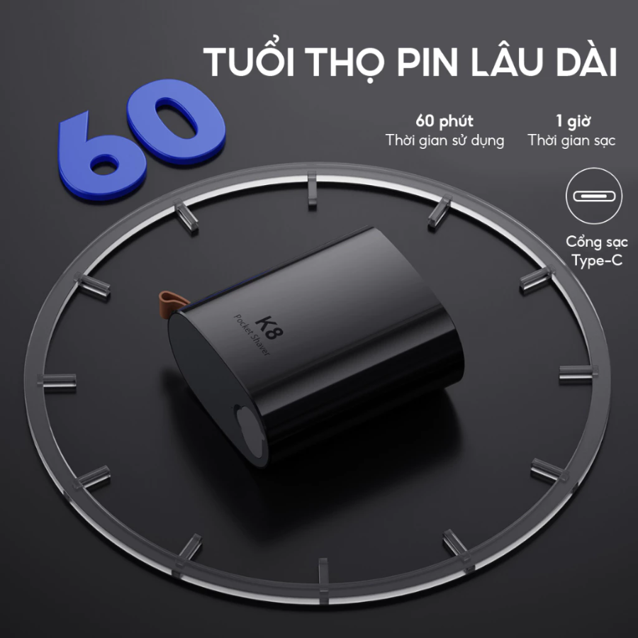 Dung lượng pin lớn, hoạt động liên tục trong 60 phút