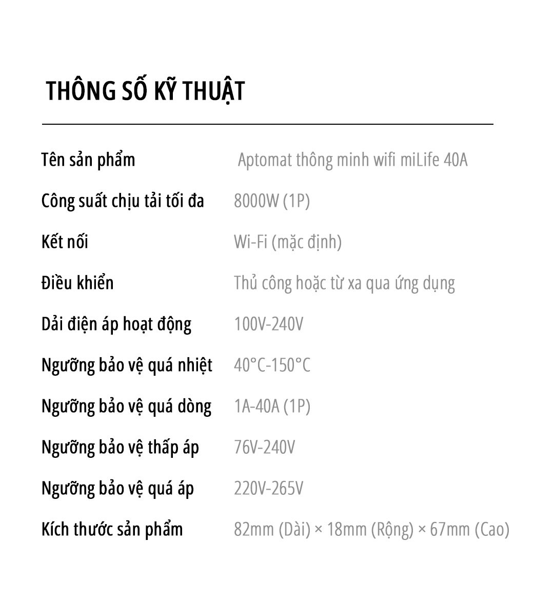 Aptomat CB thông minh Wifi miLife 40A - Chính hãng Aptomat CB thông minh Wifi miLife 40A thông số kỹ thuậy