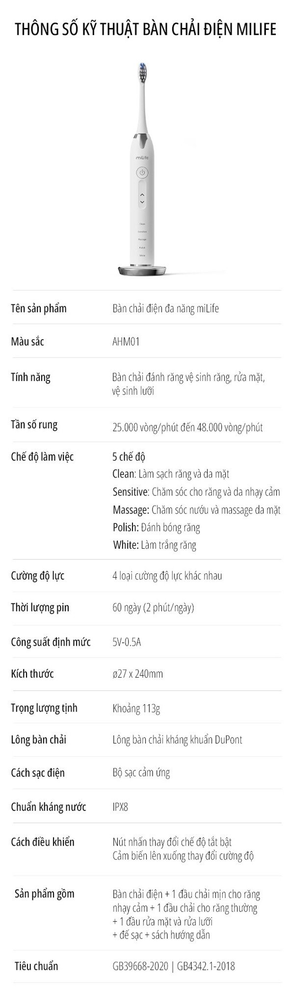 Bàn chải điện miLife tích hợp máy rửa mặt - Chính hãng Bàn chải điện miLife tích hợp máy rửa mặt thông số kỹ thuật