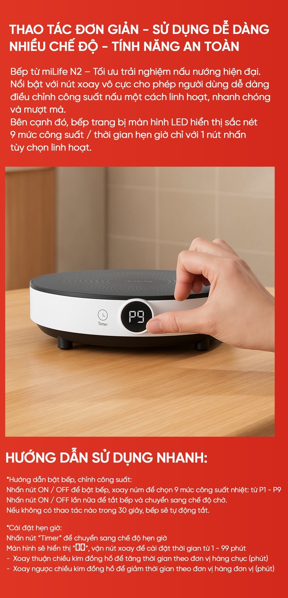Bếp từ đơn miLife N2 tròn 9 mức nhiệt - Chính hãng Bếp từ đơn miLife N2 thao tác đơn giản