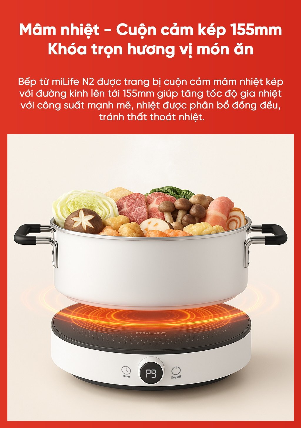 Bếp từ đơn miLife N2 tròn 9 mức nhiệt - Chính hãng Bếp từ đơn miLife N2 mâm nhiệt