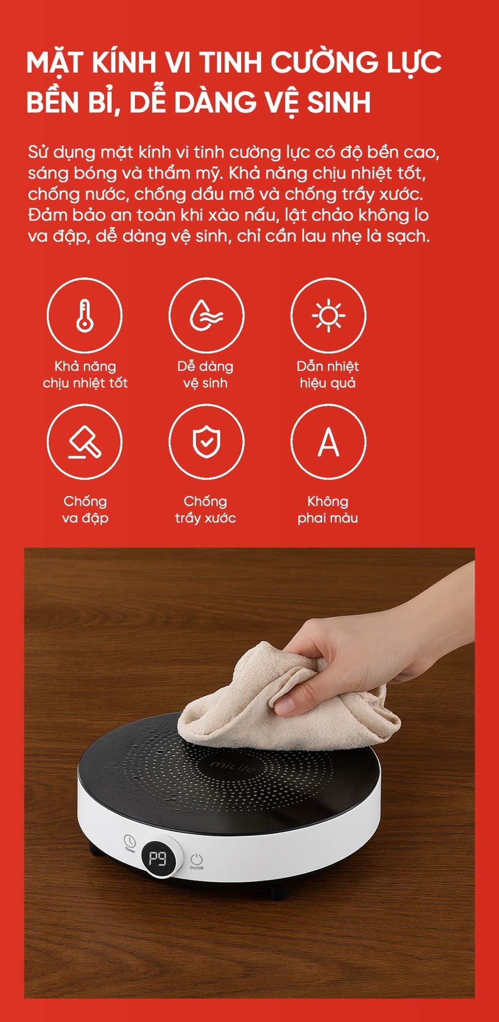 Bếp từ đơn miLife N2 tròn 9 mức nhiệt - Chính hãng Bếp từ đơn miLife N2 mặt kính vi tinh cường lực