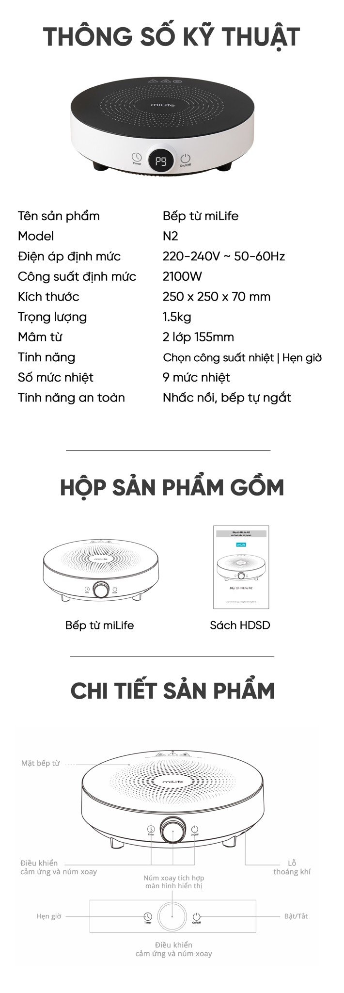 Bếp từ đơn miLife N2 tròn 9 mức nhiệt - Chính hãng Bếp từ đơn miLife N2 thông số kỹ thuật