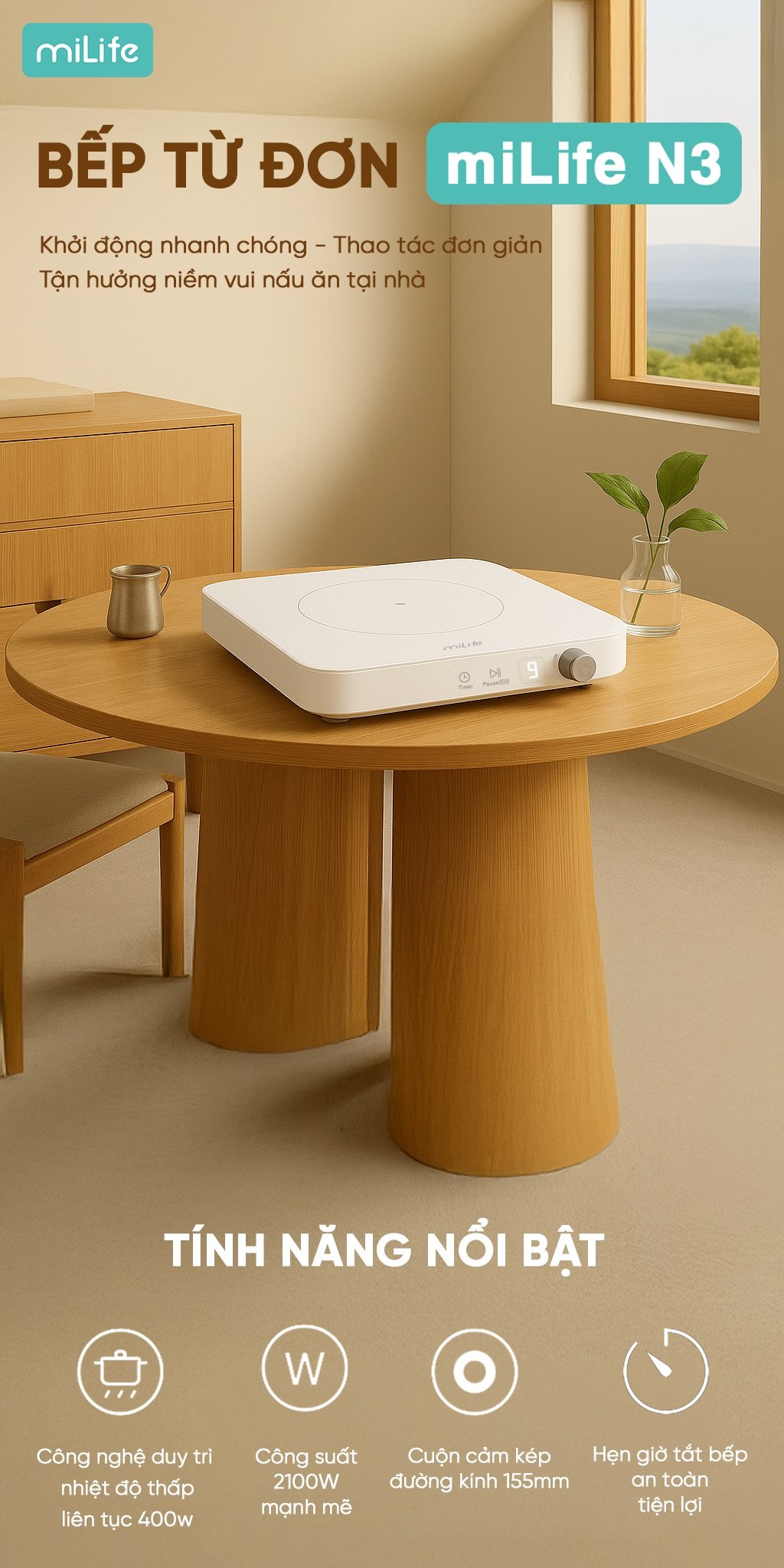 Bếp từ đơn miLife N3 vuông 10 mức nhiệt - Chính hãng Bếp từ đơn miLife N3 vuông