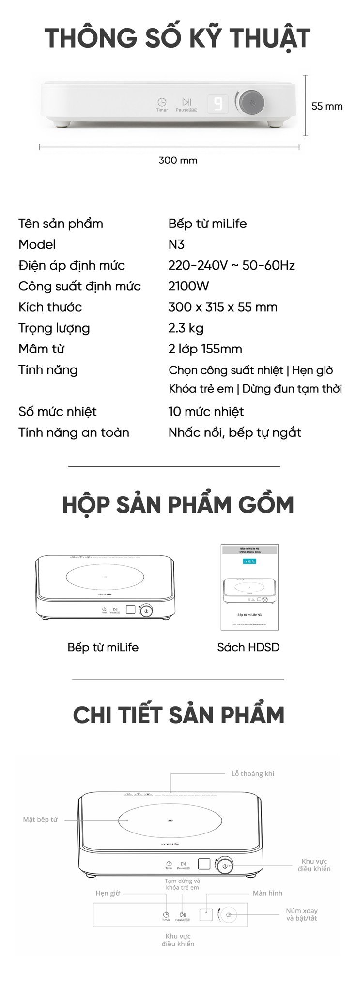 Bếp từ đơn miLife N3 vuông 10 mức nhiệt - Chính hãng Bếp từ đơn miLife N3 vuông trọn bộ sản phẩm