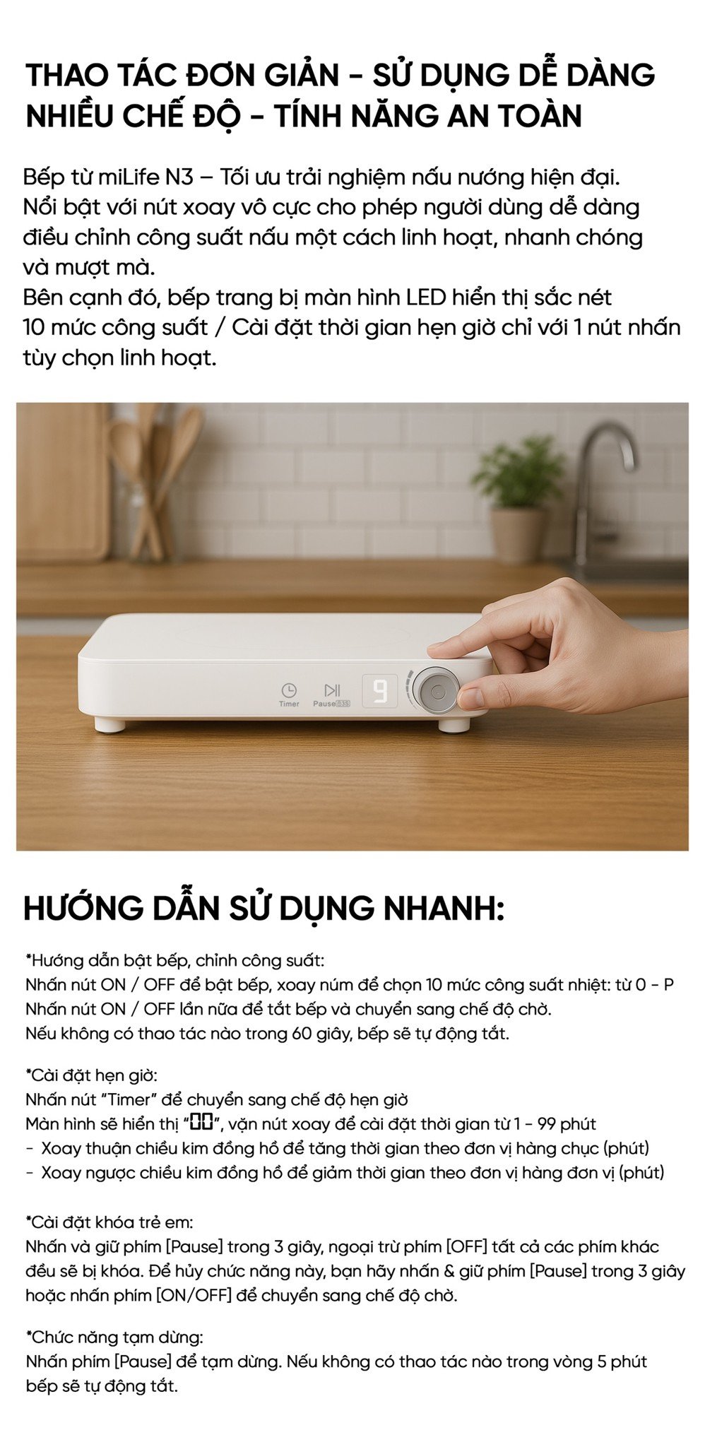 Bếp từ đơn miLife N3 vuông 10 mức nhiệt - Chính hãng Bếp từ đơn miLife N3 vuông sử dụng đơn giản
