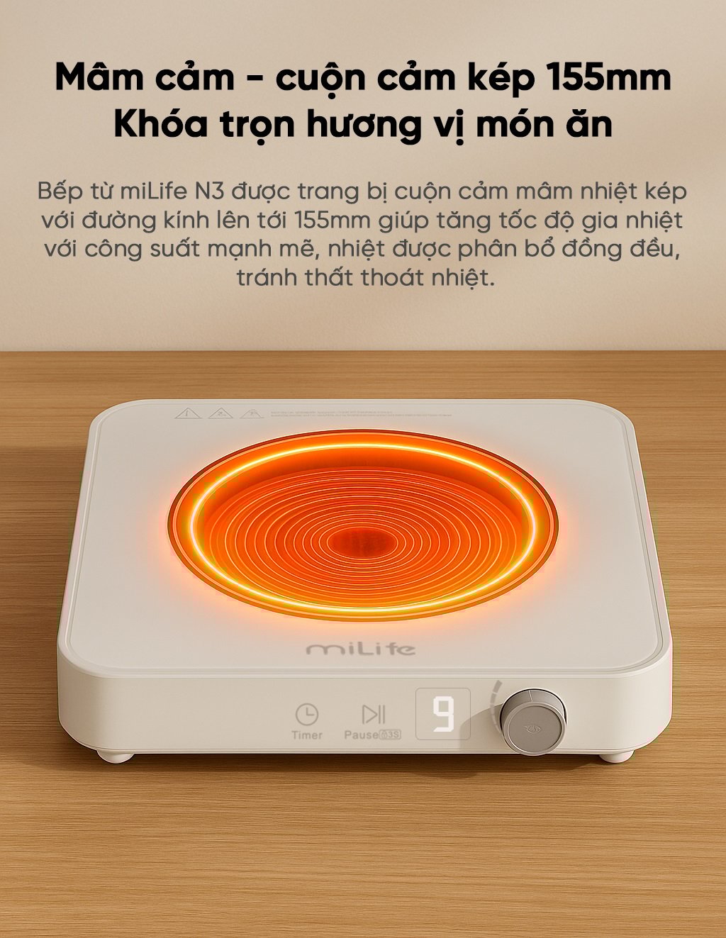 Bếp từ đơn miLife N3 vuông 10 mức nhiệt - Chính hãng Bếp từ đơn miLife N3 vuông đảm bảo chất lượng món ăn