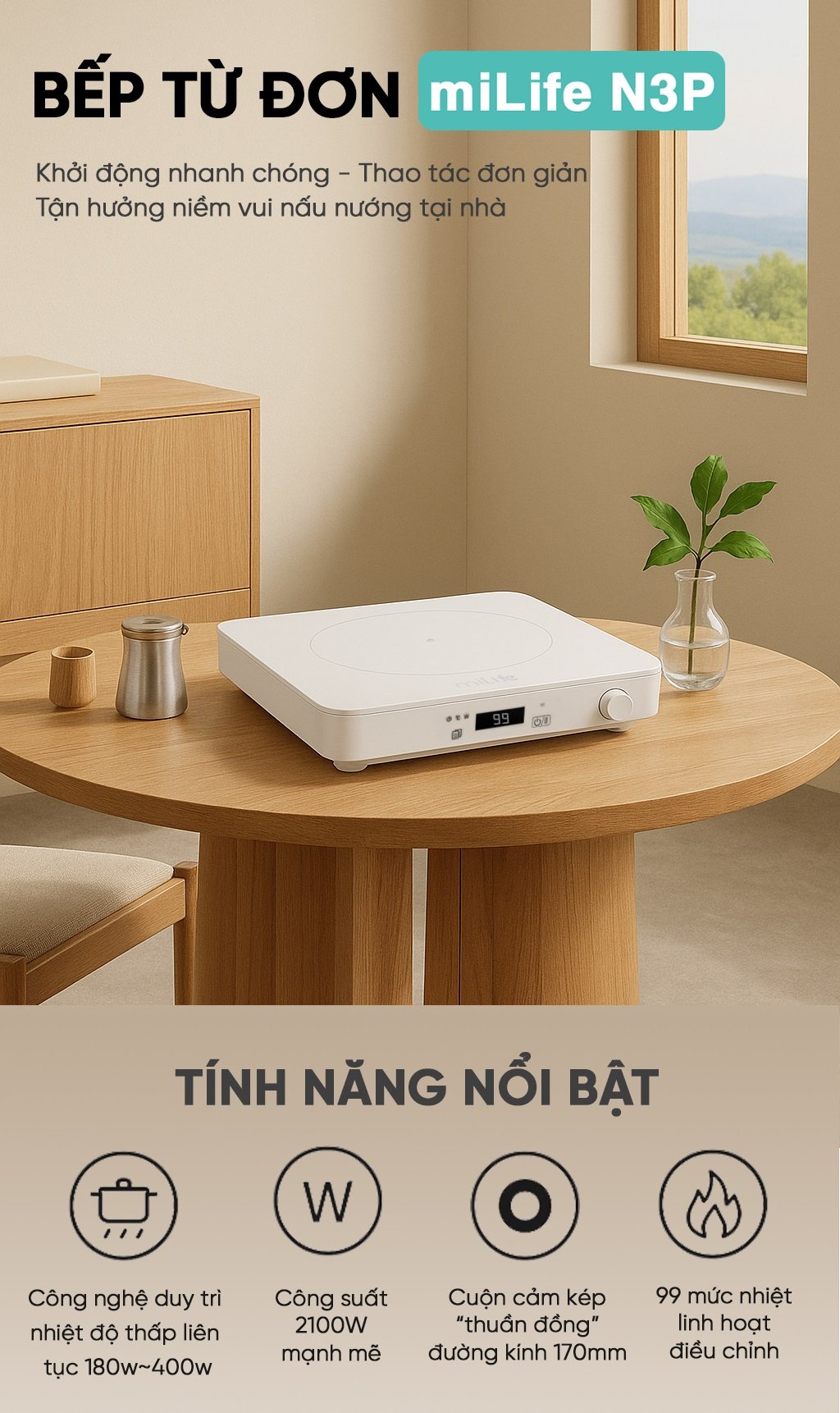 Bếp từ đơn miLife N3P vuông 99 mức nhiệt - Chính hãng Bếp từ đơn miLife N3P tính năng nổi bật