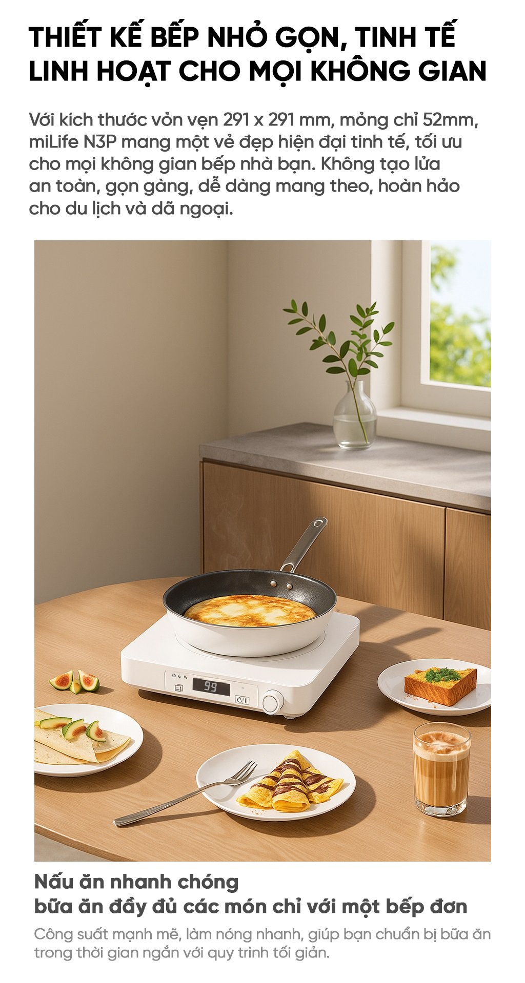 Bếp từ đơn miLife N3P vuông 99 mức nhiệt - Chính hãng Bếp từ đơn miLife N3P thiết kế bếp nhỏ gọn