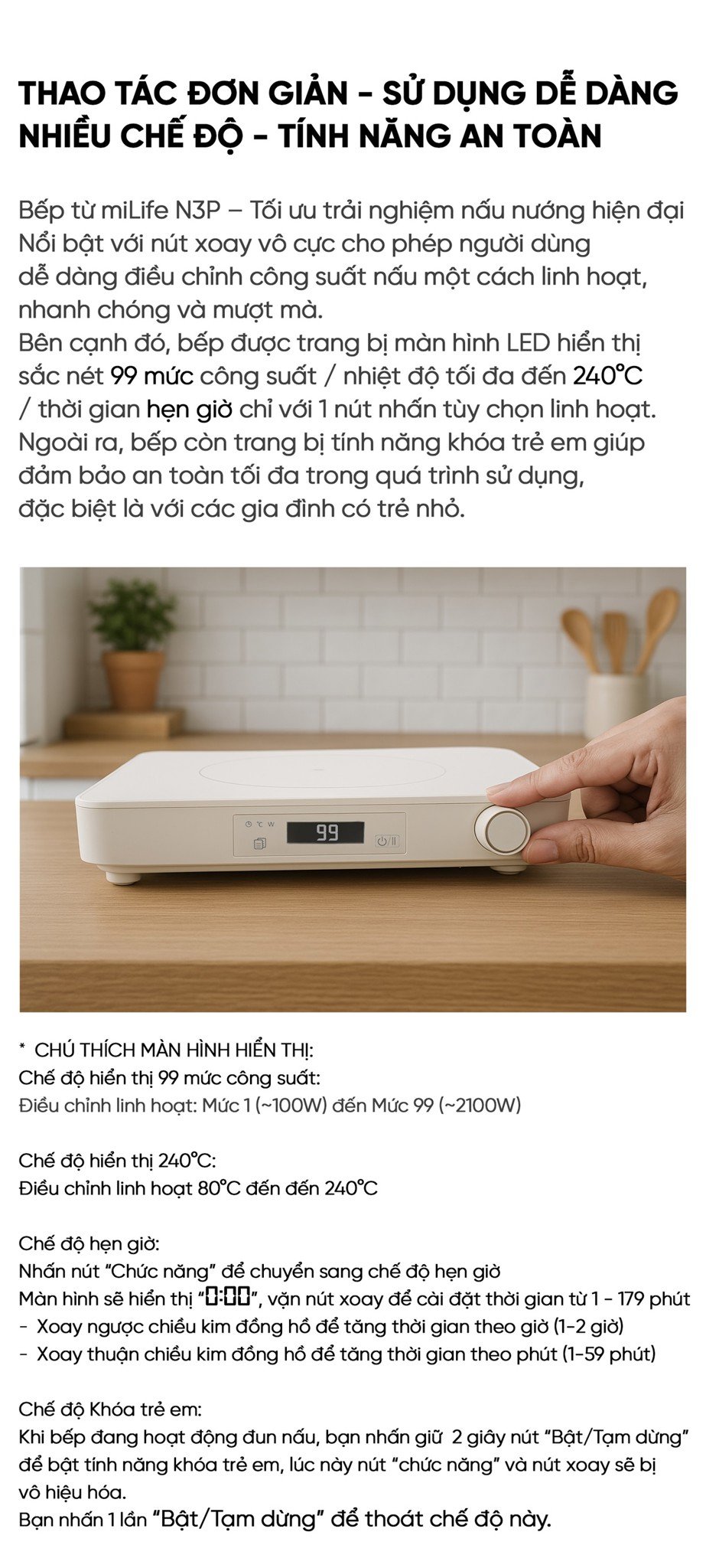 Bếp từ đơn miLife N3P vuông 99 mức nhiệt - Chính hãng Bếp từ đơn miLife N3P thao tác đơn giản