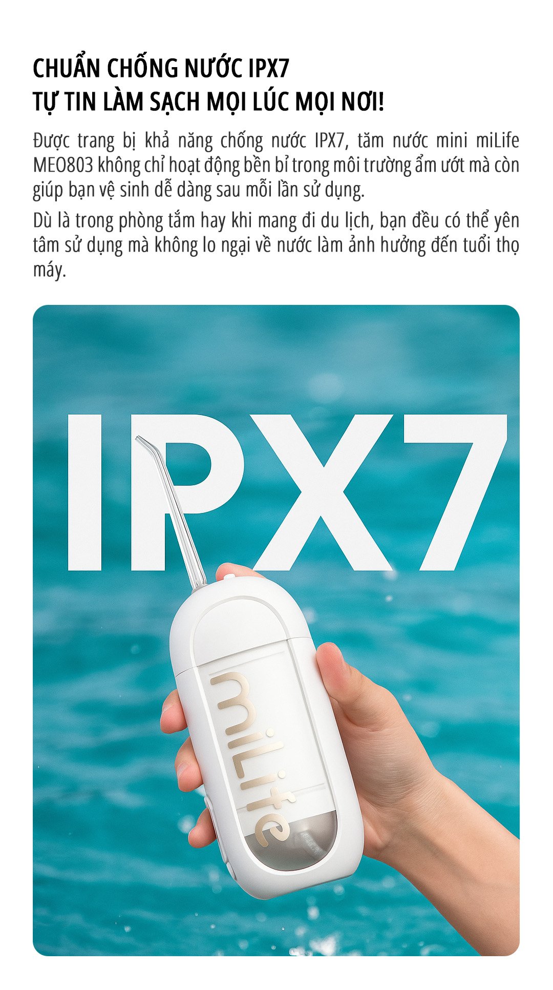 Máy tăm nước miLife MEO803 bình nước 150ml - Chính hãng Máy tăm nước miLife MEO803 chuẩn chống nước ipx7