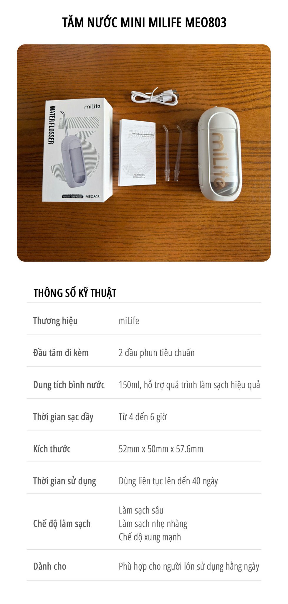 Máy tăm nước miLife MEO803 bình nước 150ml - Chính hãng Máy tăm nước miLife MEO803 thông số kỹ thuật