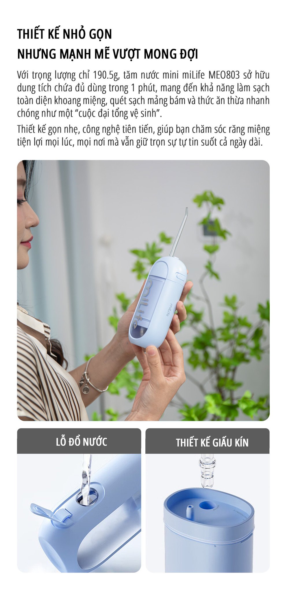 Máy tăm nước miLife MEO803 bình nước 150ml - Chính hãng Máy tăm nước miLife MEO803 thiết kế nhỏ gọn