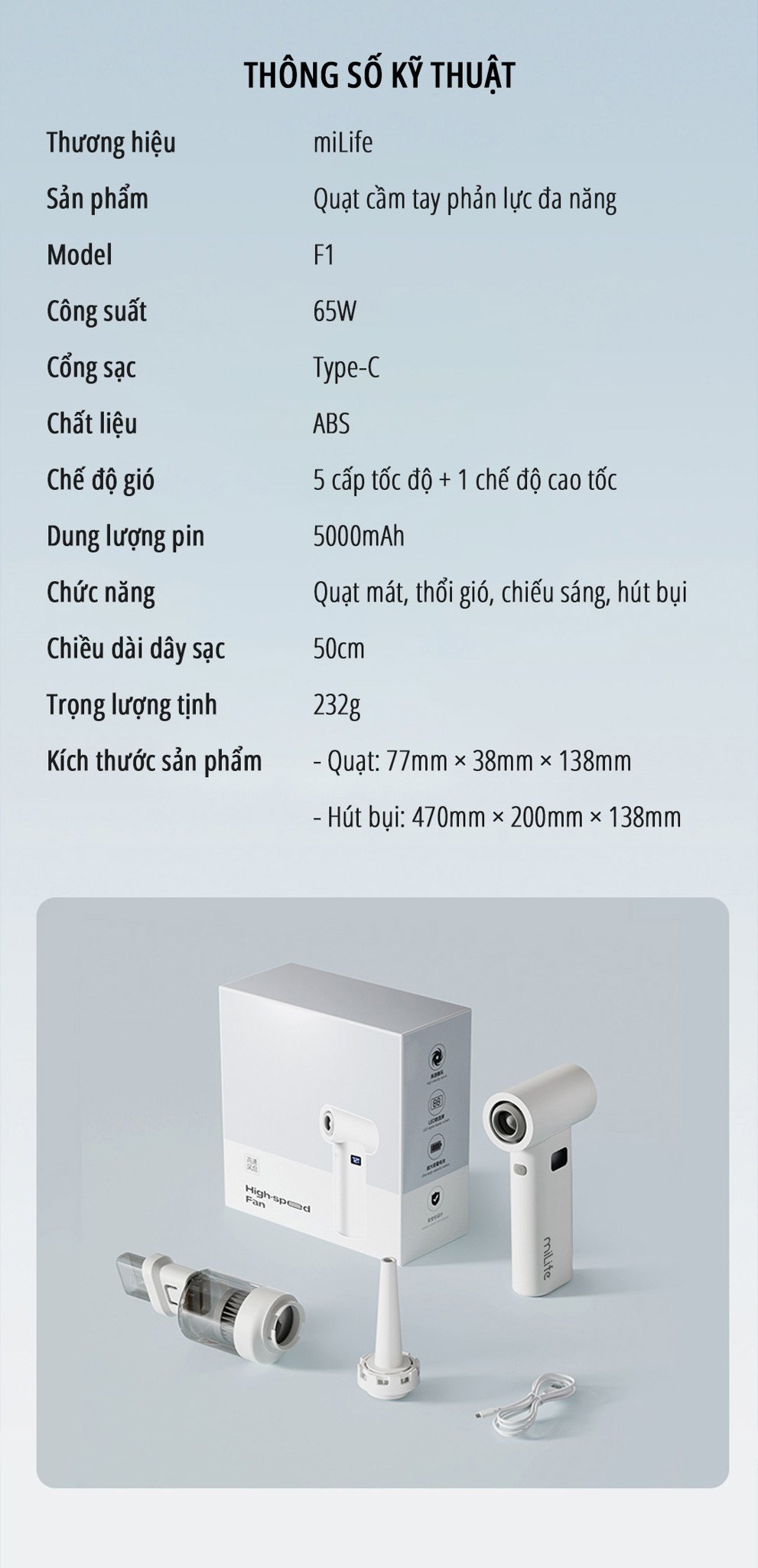 Quạt cầm tay phản lực miLife F1 đa năng - Chính hãng Quạt cầm tay phản lực miLife F1 thông số kỹ thuật